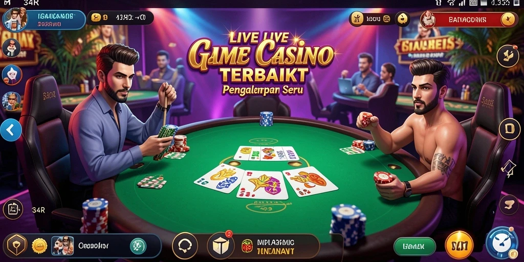 Screenshot gameplay 34R menampilkan dealer profesional dan suasana meja permainan yang mengasyikkan.
