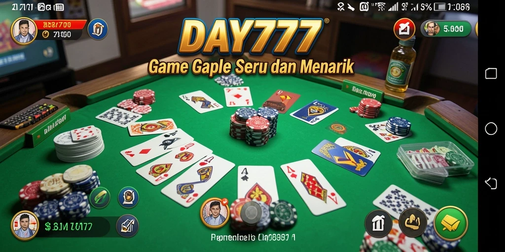 Tampilan screenshot utama DAY777 yang menunjukkan gameplay Gaple yang seru.