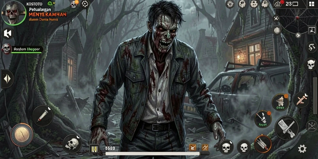 Screenshot gameplay KOSTOTO menampilkan suasana mencekam yang menguji keberanian pemain.