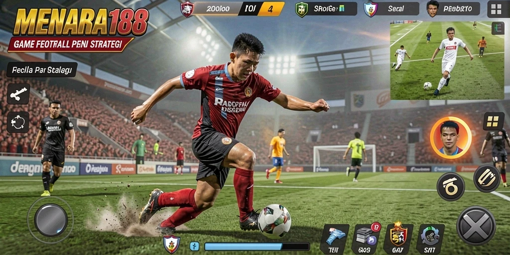 Tampilan gameplay utama MENARA188 dengan aksi sepak bola yang mendebarkan.
